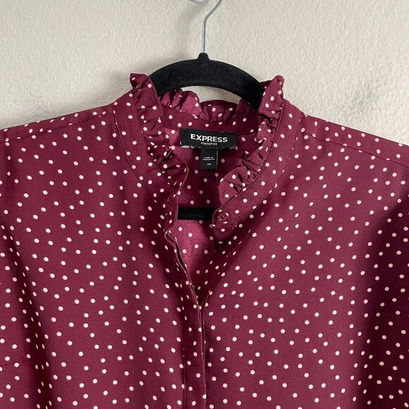 Express Portofino Shirt Womens XS Polka Dot Blouse Burgundy White Ruffle Neck - Picture 8 of 10